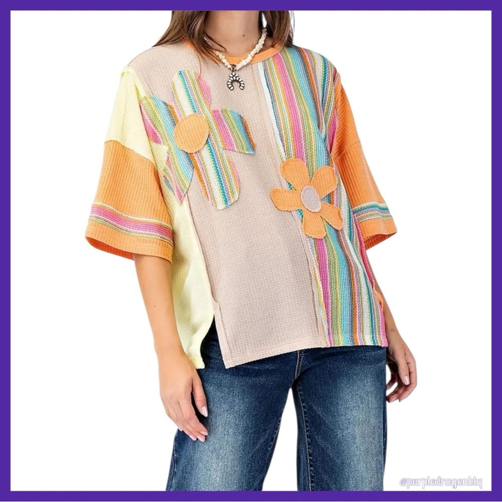 Colorful Flowers & Stripes Short Sleeve Top
